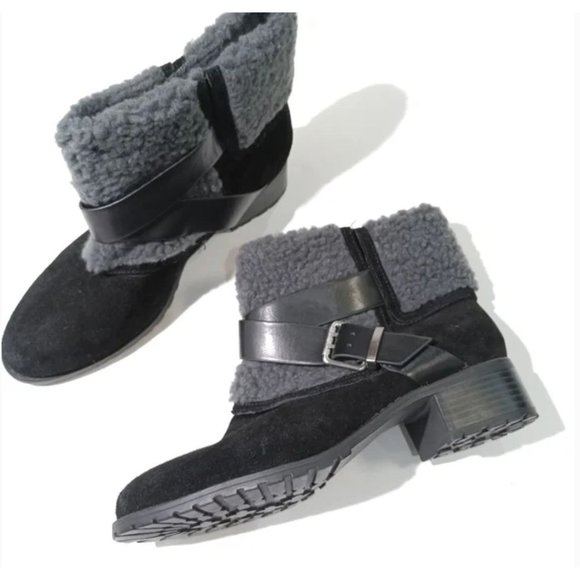 Size 8 Charles David‎ Jen Suede Cuffed Grey Shearling Lug Sole Moto Boot Black - Picture 5 of 8